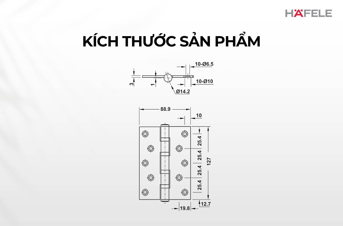 kích thước Bản lề lá Hafele 127x89x3mm - 4 vòng bi