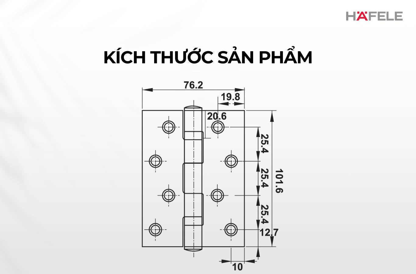 kích thước Bản lề lá Hafele inox 102 x 76 x 3 mm 2 vòng bi