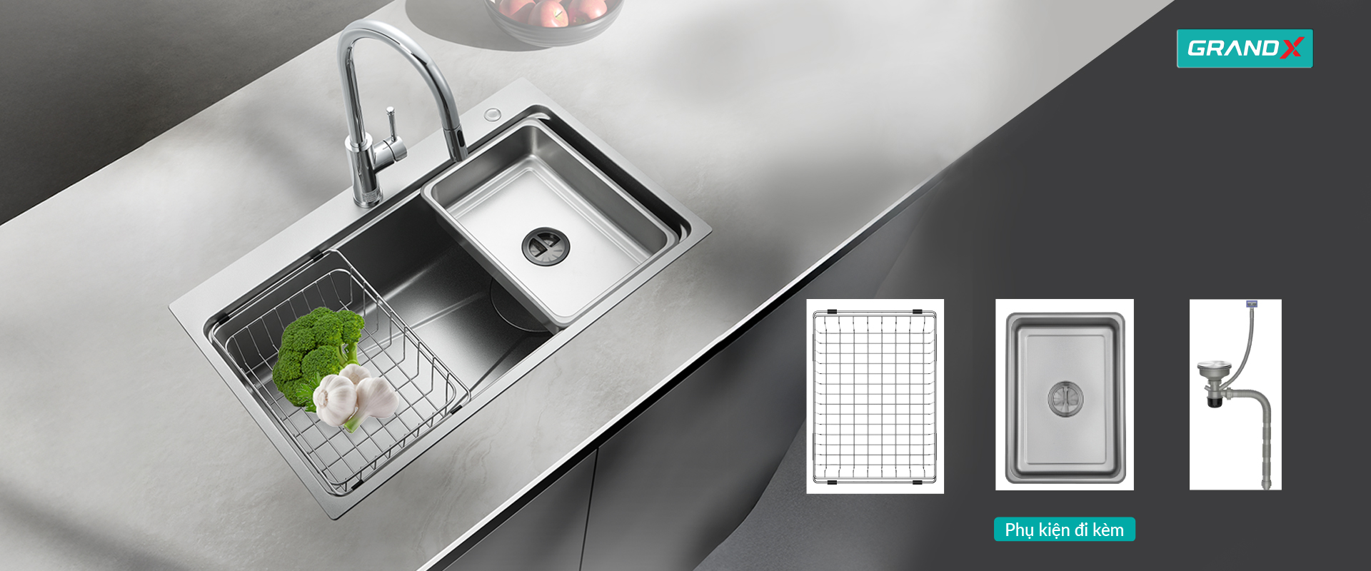 Chậu Rửa Bát Inox GrandX GX7650SV VOLCANO - nhìn từ trên - Luxehouse