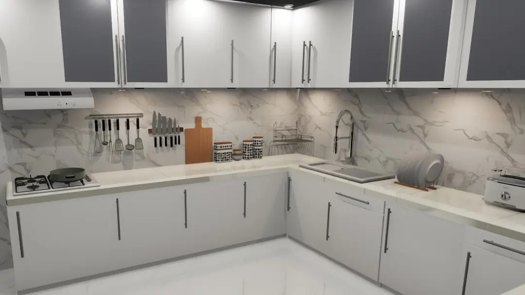 Bếp hiện đại hoàn chỉnh với chậu rửa inox và vòi cao cấp