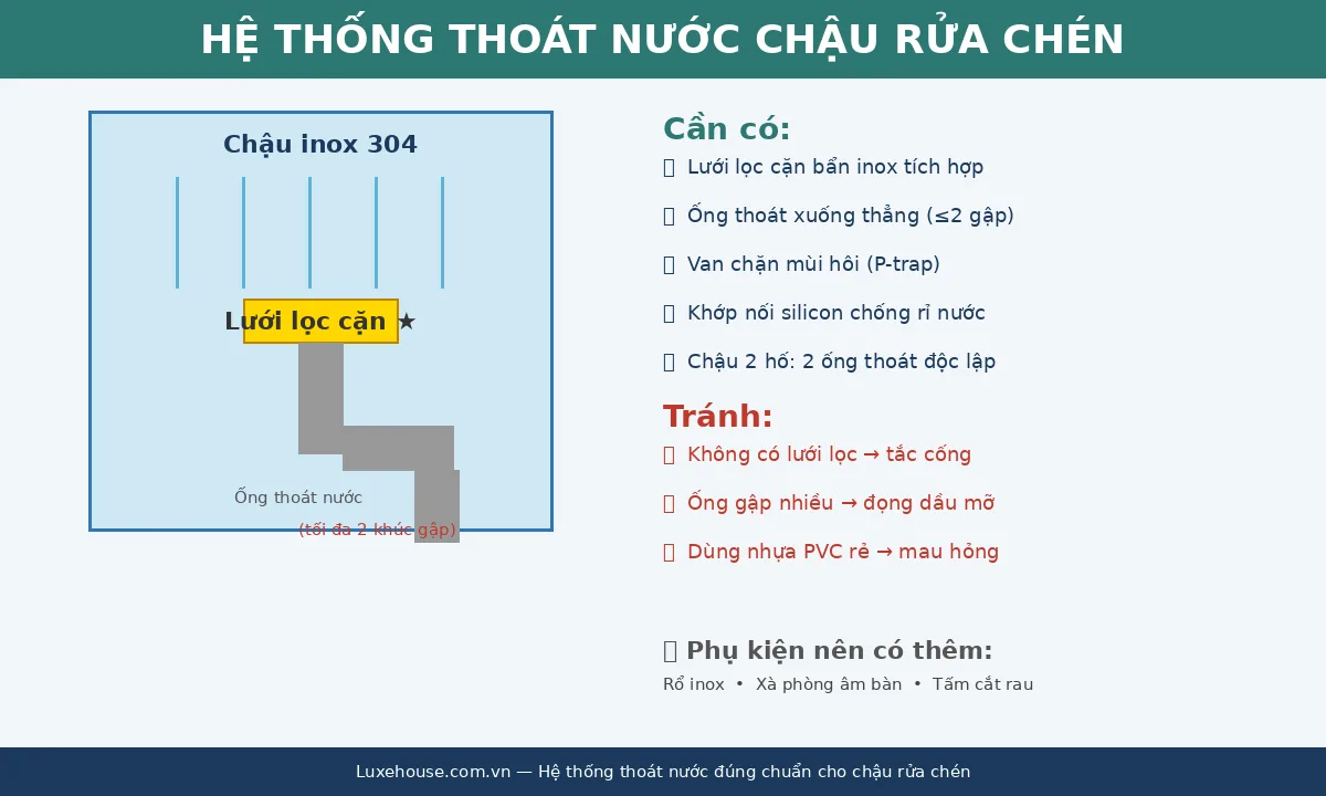 Hệ thống thoát nước chậu rửa chén đúng chuẩn — lưới lọc cặn ống thoát phụ kiện