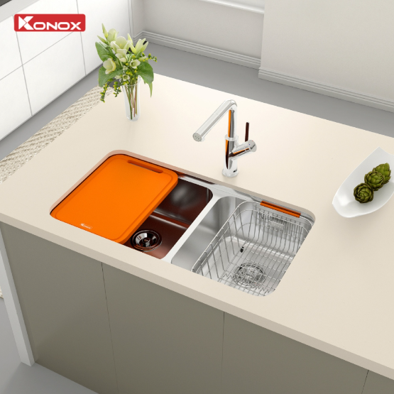 Chậu rửa bát Konox lắp âm 2 hố lệch R50 Tari 8246DU Chính Hãng Giá Tốt - Ảnh 4