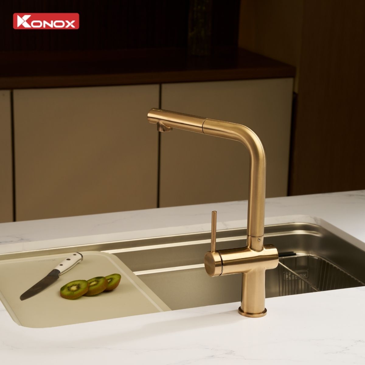 Vòi rửa bát dây rút KONOX Stream Smart Champagne Chính hãng - Ảnh 4