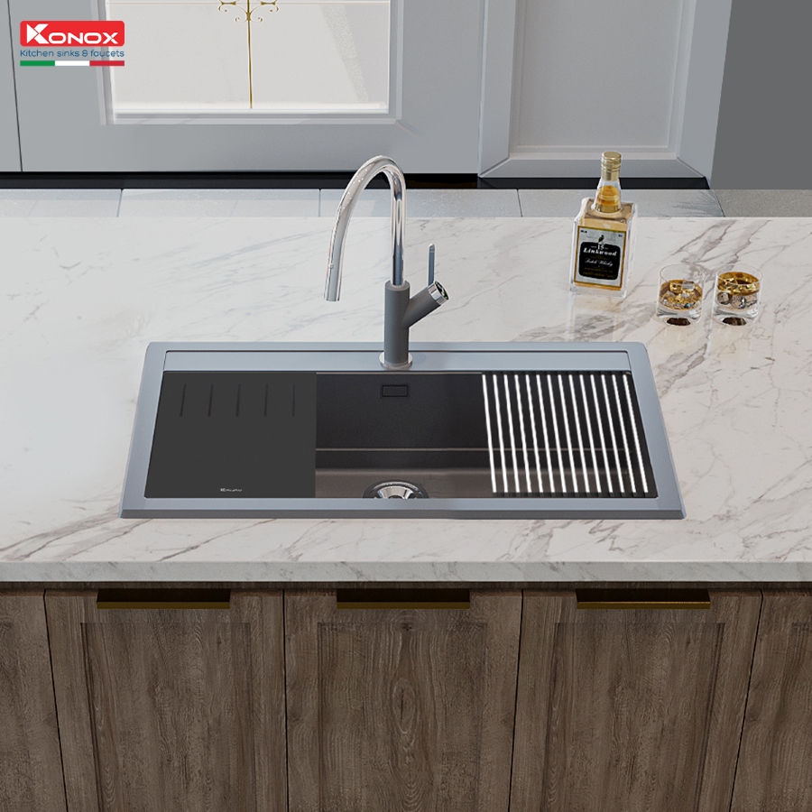 Chậu rửa bát đá KONOX Granite Sink Terra 790S Grey Nhập khẩu Ý - Ảnh 3